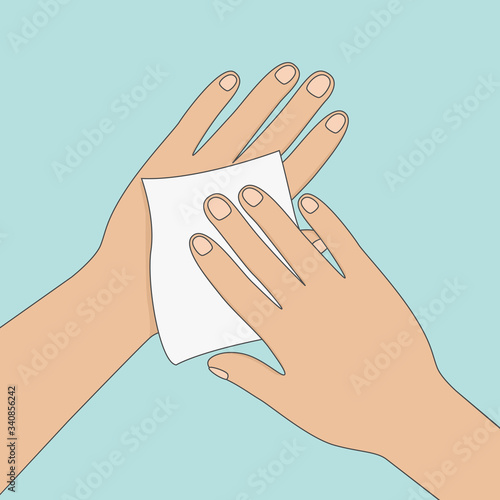 Wiping hands with antiseptic wipe. Vector illustration.
