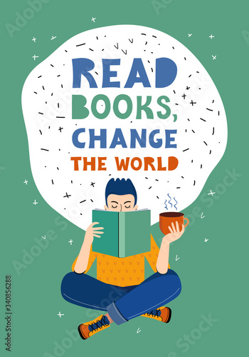 Young man reads a book over a Cup of tea or coffee. A fan of literary reading. Boy stay at home and doing his favorite thing. Time for yourself. People in quarantine. Vector flat style illustration.