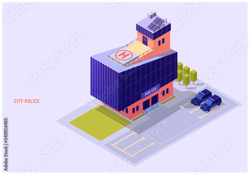 A modern city police office in isometric. Smart city concept. 
