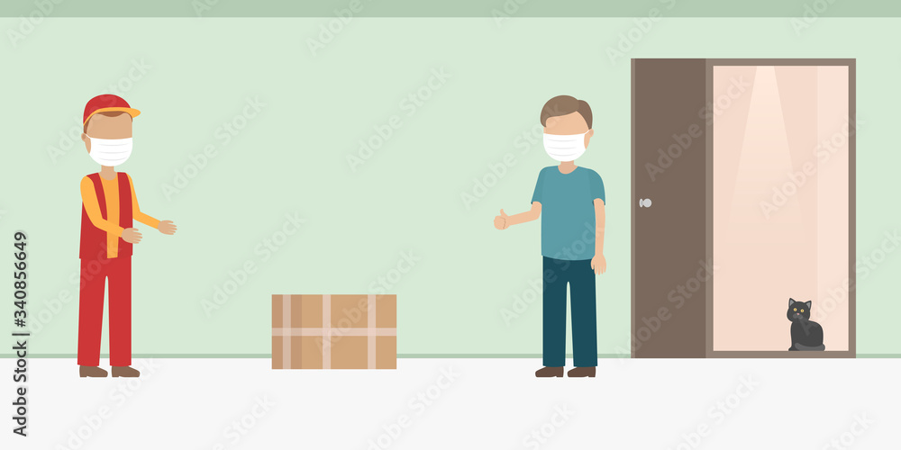 Obraz premium Safe delivery. Courier in medical mask. Vector illustration.