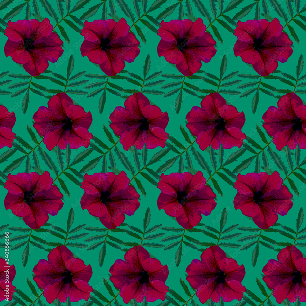 Seamless pattern with red Petunia flowers and green leaves on green background. Endless colorful floral texture. Raster illustration.