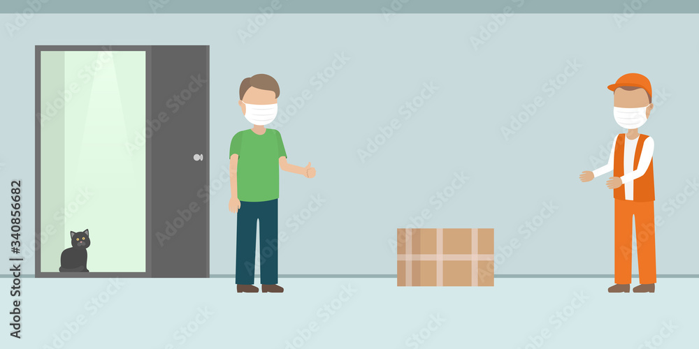 Contactless delivery. Courier in medical mask. Vector illustration. Contactless delivery. Courier in medical mask. Vector illustration.