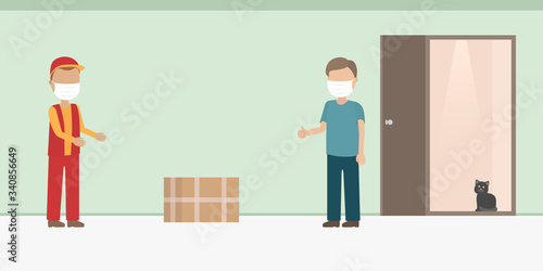 Safe delivery. Courier in medical mask. Vector illustration.