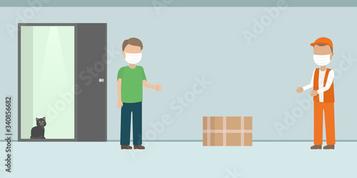Contactless delivery. Courier in medical mask. Vector illustration.
