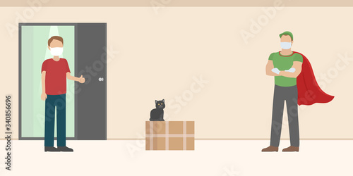 Safe delivery. Courier in medical mask and superhero cape. Vector illustration.