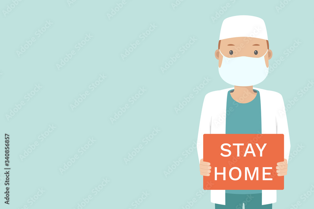 Doctor in medical mask hold STAY HOME poster. Vector illustration. Doctor in medical mask hold STAY HOME poster. Vector illustration.