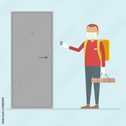 Safe food delivery. Courier in medical mask. Vector illustration.