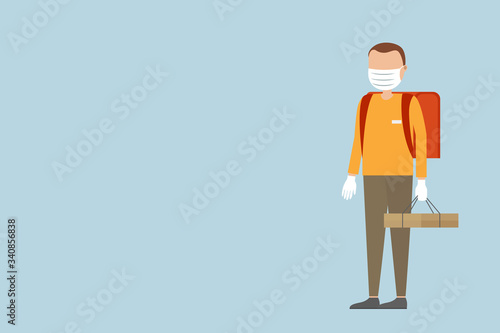 Safe food delivery. Courier in face mask. Vector illustration.