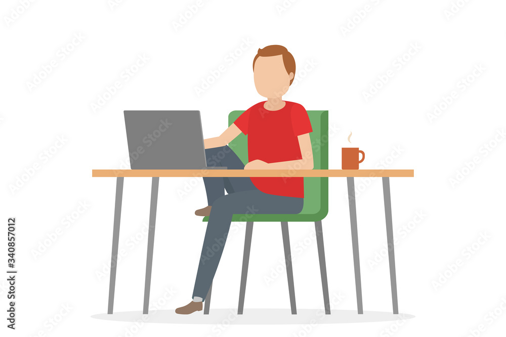 Man sitting at table and working on laptop. Remote work. Vector illustration. Man sitting at table and working on laptop. Remote work. Vector illustration.