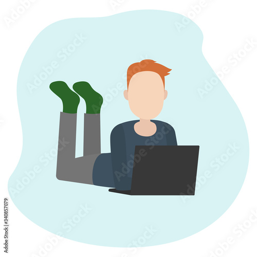 Man lying on floor with laptop. Vector illustration.