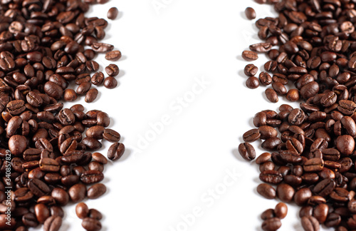 Coffee beans background isolated on white background with space. Top view. 