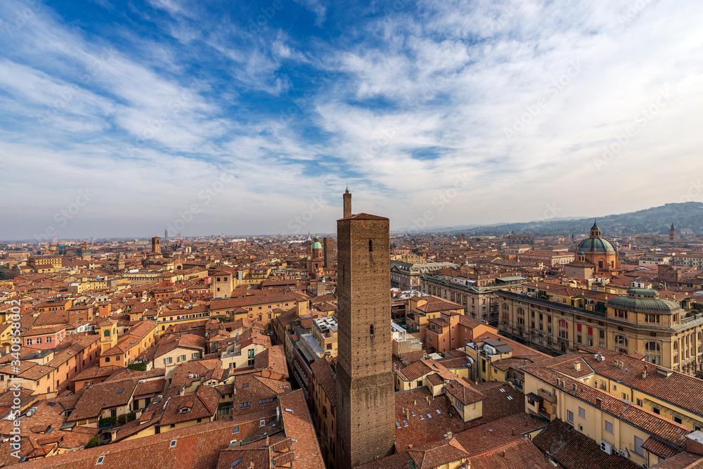 Bologna cityscape with Azzoguidi, Garisenda and Asinelli tower, Basilica of Santi Bartolomeo e Gaetano and Sanctuary of Santa Maria della Vita. Emilia-Romagna, Italy, Europe