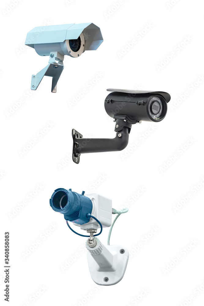 three modern video camera for tracking the situation at the facility isolated on white background