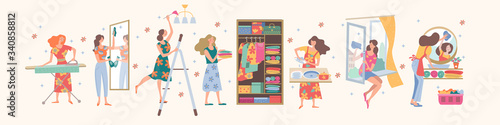 House cleaning. Cute housewife doing the housework. Vector collection.