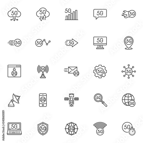 5G technology line icons set. linear style symbols collection, outline signs pack. vector graphics. Set includes icons as 5g network connection, global internet, mobile phone signal, antenna, computer