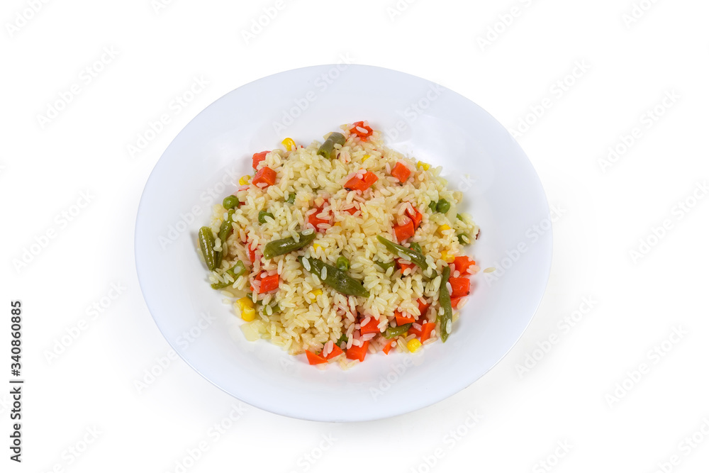 Rice boiled with vegetables on white dish on white background Rice boiled with vegetables on white dish on white background
