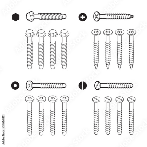 Screws, bolts isolated on white background. Vector isometric outline illustration