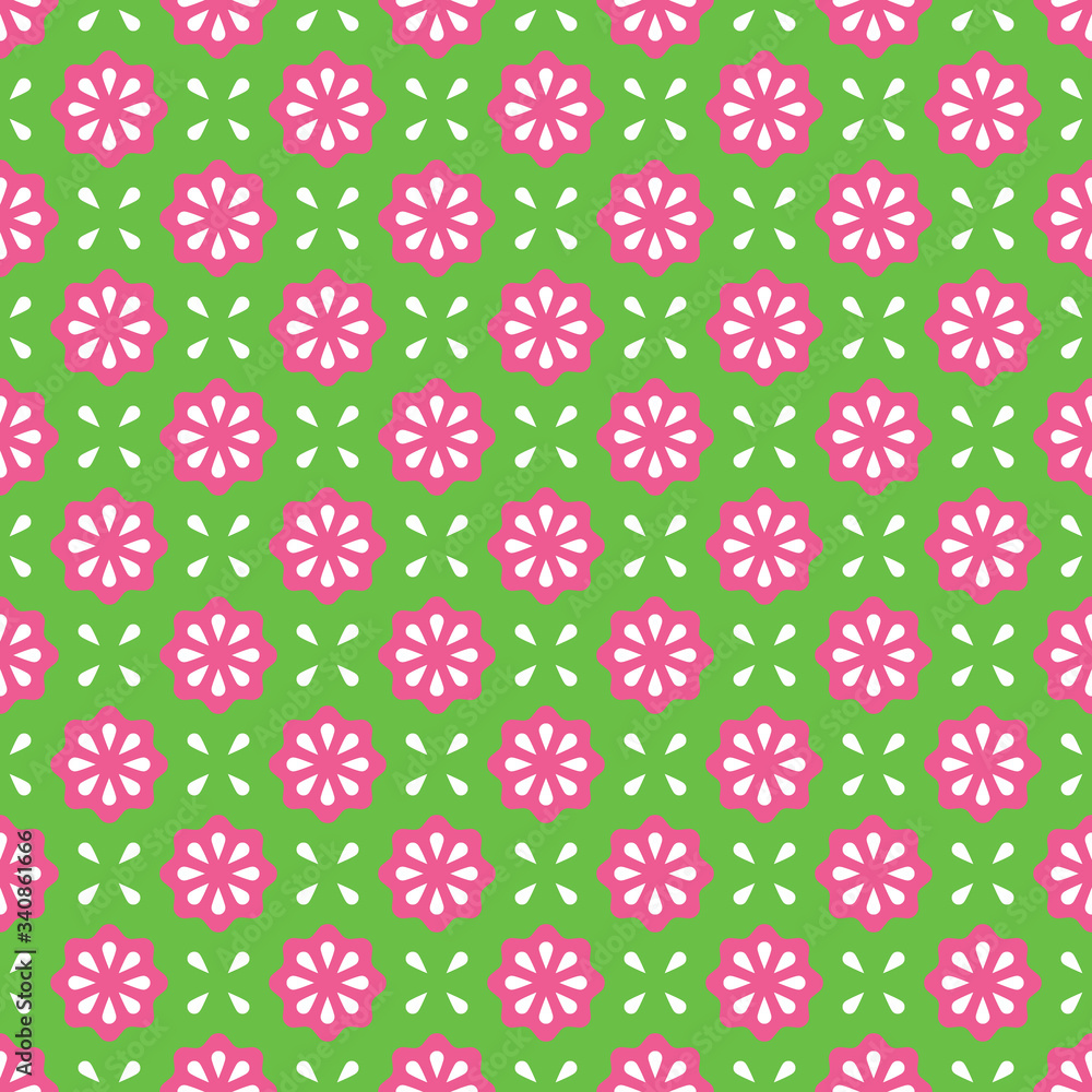 Vector seamless pattern. Abstract simple flower design. Pink and white elements on a green background. Modern minimal illustration perfect for backdrop graphic design, textiles, print, packing, etc. Vector seamless pattern. Abstract simple flower design. Pink and white elements on a green background. Modern minimal illustration perfect for backdrop graphic design, textiles, print, packing, etc.