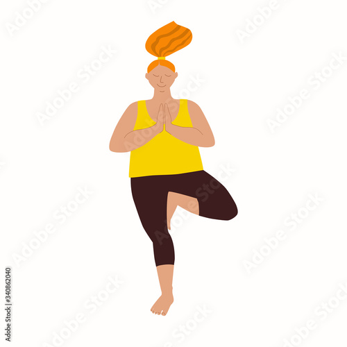 Redhead girl doing yoga at home, in quarantine self isolation. Body positive woman in a tracksuit  is standing in a tree pose. Stock vector flat hand drawn illustration isolated on white background.