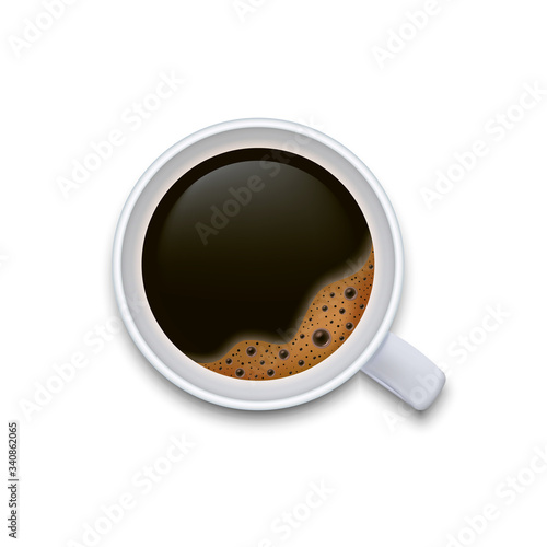 A cup of black coffee top view isolated on white background. Vector illustration.