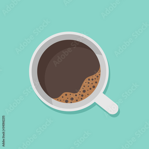A cup of black coffee top view isolated on white background. Vector illustration.