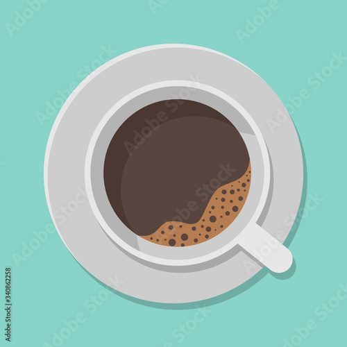 A cup of black coffee and saucer top view isolated on white background. Vector illustration.