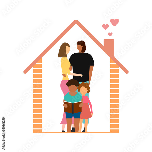 Dad, mother, son, daughter under the roof of the house isolated on white background. Vector illustration.