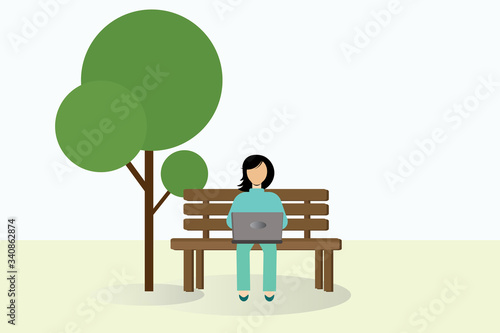 A girl sits on a bench in the park and works on a laptop. Vector illustration.