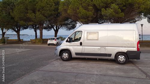camper van with a view of a lake in carcans Maubuisson French south west