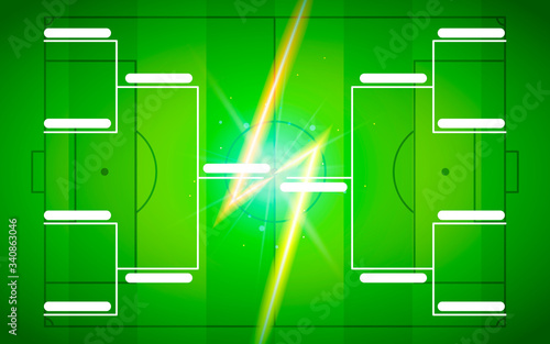 Tournament bracket template for 8 teams on green soccer field background with flash