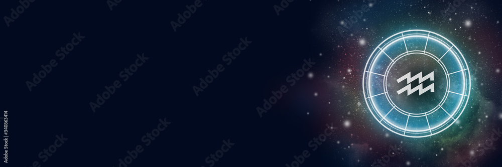Astrological circle with the zodiac sign Aquarius on a background of the starry sky. Illustration for horoscope. Banner