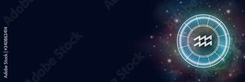 Astrological circle with the zodiac sign Aquarius on a background of the starry sky. Illustration for horoscope. Banner