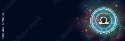 Astrological circle with the zodiac sign Libra on a background of the starry sky. Illustration for horoscope. Banner