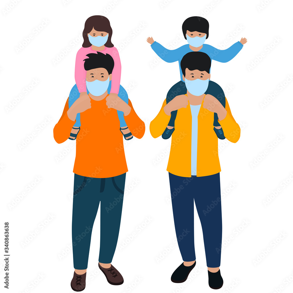 COVID-19. Coronavirus. Men with children, son and daughter in a protective masks. COVID-19. Coronavirus. Men with children, son and daughter in a protective masks.
