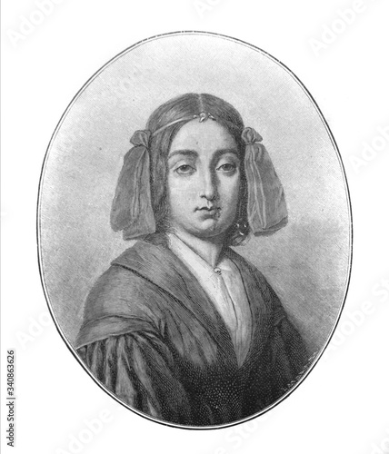 Portrait of George Sand, a French novelist, memoirist, and Socialist in the old book The Literature of XIX century, by E.A. Solovieva, 1895, St. Petersburg photo
