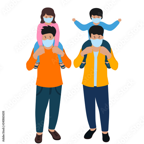 COVID-19. Coronavirus. Men with children, son and daughter in a protective masks.