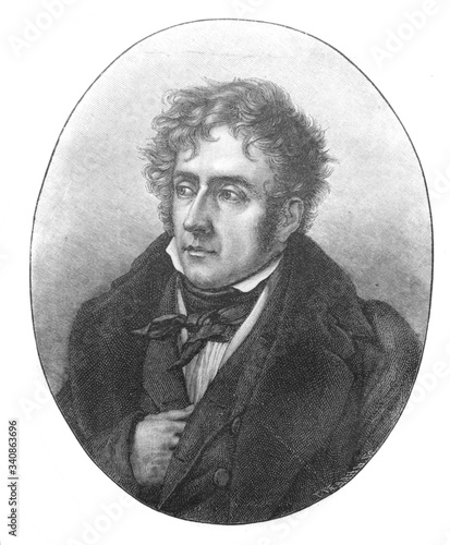 Portrait of François-René de Chateaubriand, a French writer, politician, diplomat and historian in the old book The Literature of XIX century, by E.A. Solovieva, 1895, St. Petersburg photo