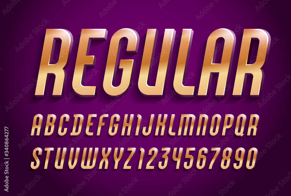 Obraz premium 3d golden font, trendy volume alphabet sans serif, modern italic letters and numbers for your logo, flyer, film poster, fashion banner, vector illustration 10eps.