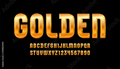 High steel font of golden style, trendy glossy alphabet, aureate Latin letters from A to Z and Arab numbers from 0 to 9 for you designs, vector illustration 10EPS