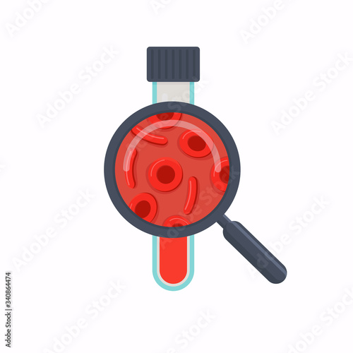 Red blood cell in test tube and magnifying glass. Hematology concept.