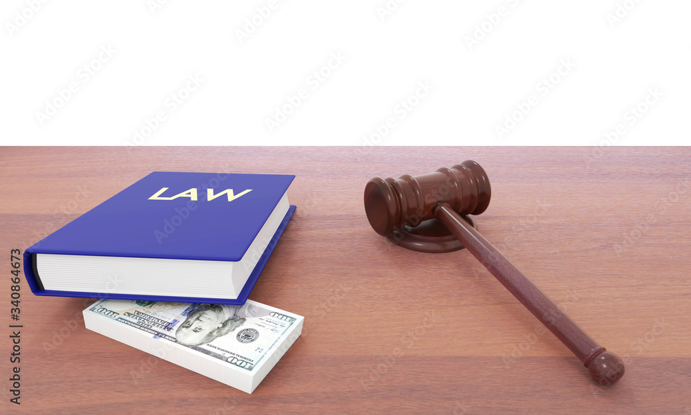 Stack of dollars lies under the law book near a gavel on the table. Concept of corrupt jurisdiction and judgment. 3D illustration
