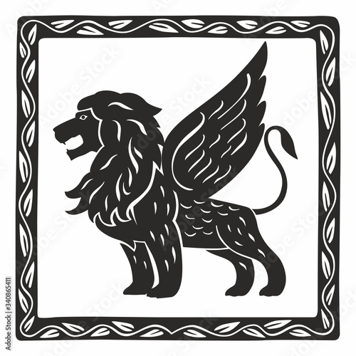 Silhouette of a mythological winged lion. Decorative graphics stylization of medieval miniatures. Vector hand illustration