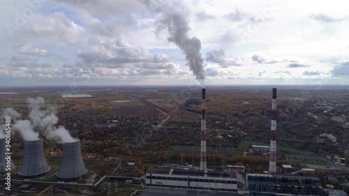 State District Power Station generating heat and electricity. High pipes and cooling towers are visible. Aerial view.