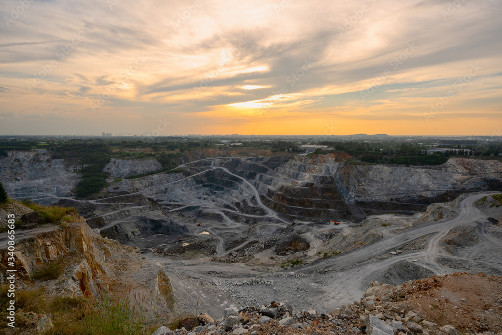 Aerial view of the quarry during sunset.