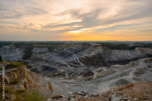 Aerial view of the quarry during sunset.