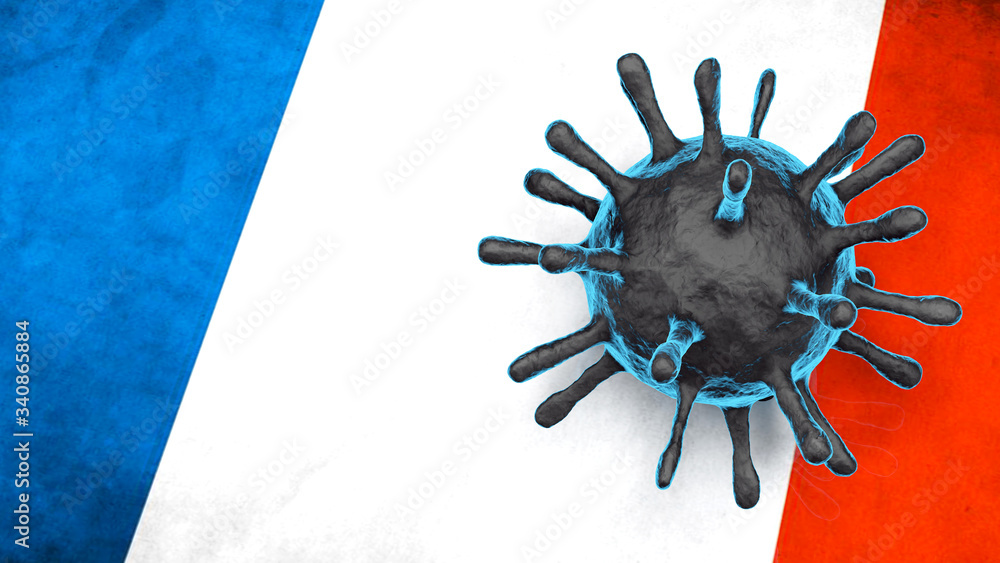 3D model of blue Coronavirus on a France flag background 3D model of blue Coronavirus on a France flag background