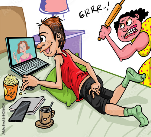Funny cartoon husband flirty on the internet while working at home. The angry woman at his back ready to action.