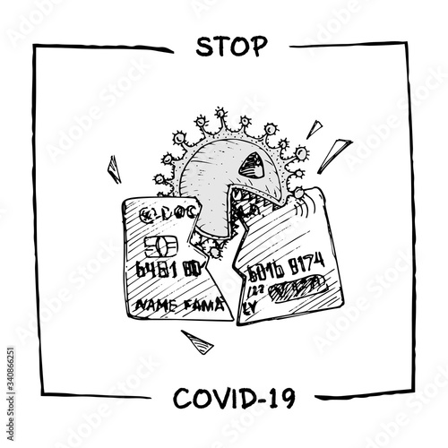 Design concept of Medical, social, economic and financial information agitational poster against coronavirus epidemic with text Stop Covid-19 Sketch style