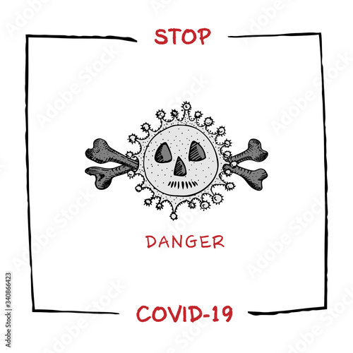 Design concept of Medical, social, economic and financial information agitational poster against coronavirus epidemic with text Stop Covid-19 Sketch style