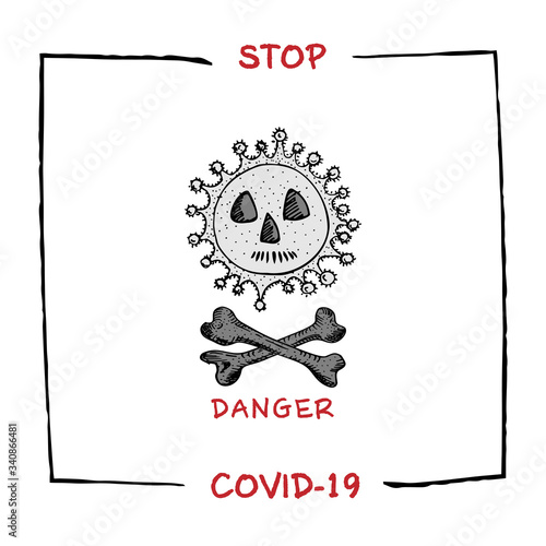 Design concept of Medical, social, economic and financial information agitational poster against coronavirus epidemic with text Stop Covid-19 Sketch style